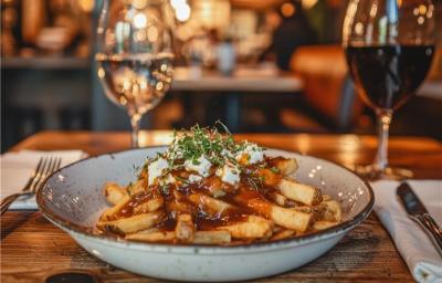 Fotografia de um prato fundo azul claro com uma receita de poutine. O prato está sobre uma mesa de madeira de restaurante, ao lado de duas taças, uma com água e a outra com vinho. Também tem garfo e faca sobre ao redor do prato. Fotografia de um prato fundo azul claro com uma receita de poutine. O prato está sobre uma mesa de madeira de restaurante, ao lado de duas taças, uma com água e a outra com vinho. Também tem garfo e faca sobre ao redor do prato.