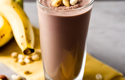 Fotografia em tons de amarelo com um copo de vidro ao centro. Dentro do copo existe uma receita de frapê de cacau, amendoim e banana. Ao fundo existe duas bananas.