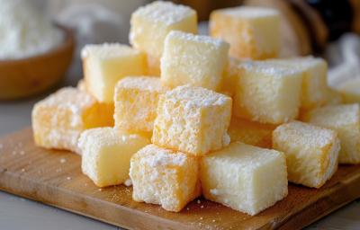 Fotografia de dadinhos de tapioca empilhados e polvilhados com coco ralado. Fotografia de dadinhos de tapioca empilhados e polvilhados com coco ralado.
