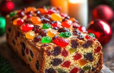 Fotografia de um bolo de frutas natalino, ricamente decorado com frutas cristalizadas coloridas, apresentado em uma tábua de madeira rústica, cercado por velas que criam uma atmosfera acolhedora e festiva. Fotografia de um bolo de frutas natalino, ricamente decorado com frutas cristalizadas coloridas, apresentado em uma tábua de madeira rústica, cercado por velas que criam uma atmosfera acolhedora e festiva.