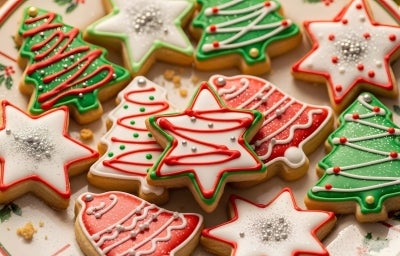Em cima de uma mesa, prato com biscoitos em formato de estrelas, sinos e Árvore de Natal, decorados com glacê branco, verde e vermelho e confeitos coloridos de bolinha. Em cima de uma mesa, prato com biscoitos em formato de estrelas, sinos e Árvore de Natal, decorados com glacê branco, verde e vermelho e confeitos coloridos de bolinha.