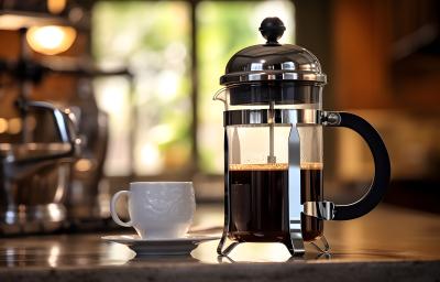 Fotografia em tons de marrom com uma prensa francesa e uma xícara branca ao centro. Dentro da prensa existe um café de cor escura. Fotografia em tons de marrom com uma prensa francesa e uma xícara branca ao centro. Dentro da prensa existe um café de cor escura.