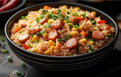 Imagem de um tigela com arroz solto, calabresa picada em rodelas, pimentão picado e milho verde, decorado com ervas frescas, como salsa ou cebolinha. Imagem de um tigela com arroz solto, calabresa picada em rodelas, pimentão picado e milho verde, decorado com ervas frescas, como salsa ou cebolinha.