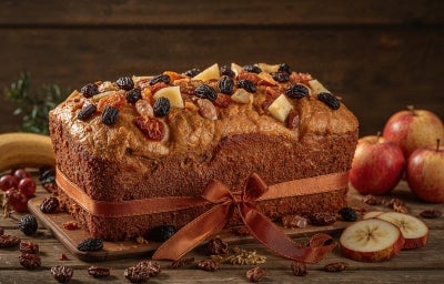 Fotografia de um bolo de frutas decorado com nozes e frutas secas, amarrado com uma fita marrom. Ao lado, maçãs vermelhas e fatias de maçã complementam a apresentação.