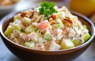 Em cima de uma mesa,  tigela com salada de maionese com cenouras, batatas, decoradas com nozes picadas e folha de cheiro-verde.
