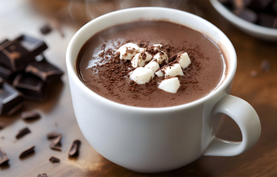 Imagem de uma xícara branca com chocolate quente com pedaços de marshmallow branco. Imagem de uma xícara branca com chocolate quente com pedaços de marshmallow branco.