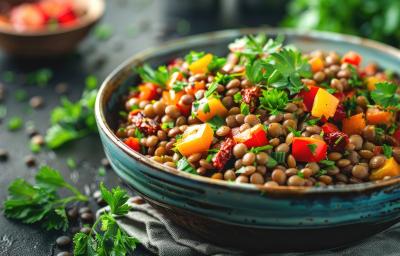 Fotografia em tons de verde com um prato verde fundo ao centro. Dentro do prato existe uma receita de salada colorida de lentilha feita na air fryer com legumes grelhados e coloridos