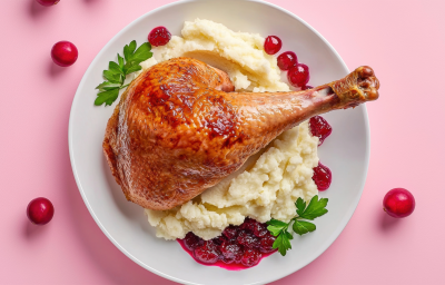 A imagem mostra uma coxa de frango assada sobre purê de batata doce, decorado com molho de cranberry. O prato é branco e o fundo da foto é rosa A imagem mostra uma coxa de frango assada sobre purê de batata doce, decorado com molho de cranberry. O prato é branco e o fundo da foto é rosa