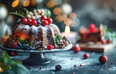Fotografia de um bolo bundt decorado, com açúcar de confeiteiro e enfeites festivos como cerejas vermelhas e pinhas.