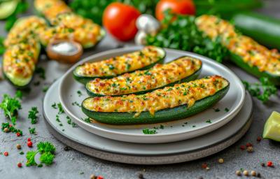 Fotografia de três abobrinha recheadas com ricota e queijo, com uma casquinha de queijo dourada por cima. As abobrinhas estão sobre um prato raso branco e salsinha salpicada. ao redor tem mais abobrinhas. Fotografia de três abobrinha recheadas com ricota e queijo, com uma casquinha de queijo dourada por cima. As abobrinhas estão sobre um prato raso branco e salsinha salpicada. ao redor tem mais abobrinhas.
