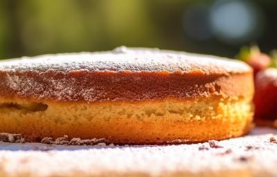 Fotografia de um bolo com massa fofinha de pão-de-ló mostrada de lado. O bolo está polvilhado com açúcar de confeiteiro. Fotografia de um bolo com massa fofinha de pão-de-ló mostrada de lado. O bolo está polvilhado com açúcar de confeiteiro.