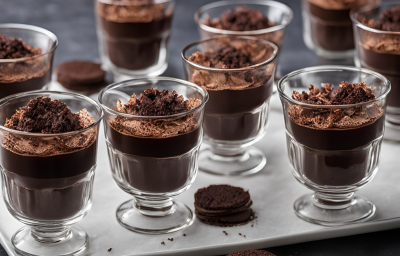 Fotografia mostra com taça de vidro com camadas de brigadeiro cremoso e biscoito, cobertas por chocolate derretido brilhante.