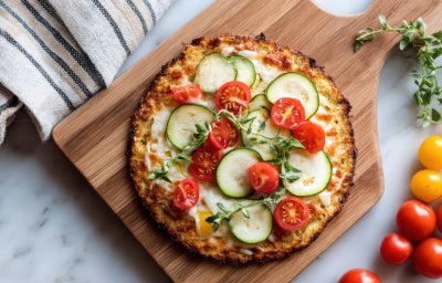 imagem mostra uma pizza com massa de base verde, queijo gratinado, tomate e folhas de manjericão