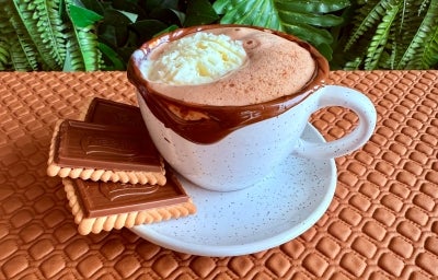 Fotografia em tons terrosos com uma xícara branca ao centro. Dentro da xícara existe uma receita de Affogato café feita com uma cápsula Kopenhagen, acompanhada de Nestlé Chocobiscuit Fotografia em tons terrosos com uma xícara branca ao centro. Dentro da xícara existe uma receita de Affogato café feita com uma cápsula Kopenhagen, acompanhada de Nestlé Chocobiscuit