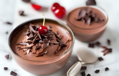 Fotografia de dois recipientes de vidro com mousse floresta negra, com raspas de chocolate e cereja por cima. Os recipientes estão sobre uma mesa branca, com raspas de chocolate espalhadas. Fotografia de dois recipientes de vidro com mousse floresta negra, com raspas de chocolate e cereja por cima. Os recipientes estão sobre uma mesa branca, com raspas de chocolate espalhadas.