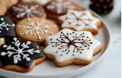 Em cima de uma mesa, prato redondo com biscoitos de estrelas, decorado com glacê branco e chocolate derretido.