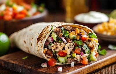 Fotografia em tons de marrom com uma tabua de madeira ao centro. Em cima da tábua existe um burrito de frango recheado com cebola, vegetais coloridos e molho de abacate