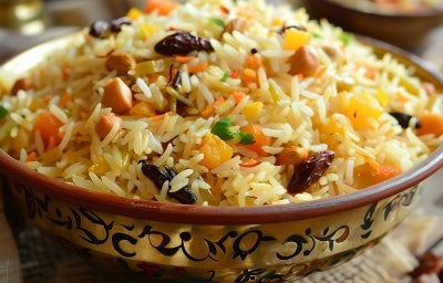 Em cima de uma mesa, tigela redonda coma arroz soltinho, damascos, passas e castanhas, decorado com cheiro-verde picado.