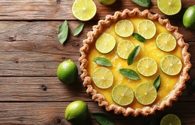 Fotografia vista de cima de uma torta de limão sobre uma mesa de madeira escura. A torta de limão está decorada com fatias do fruto, gelatina e algumas folhas. Fotografia vista de cima de uma torta de limão sobre uma mesa de madeira escura. A torta de limão está decorada com fatias do fruto, gelatina e algumas folhas.