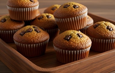 Em cima de uma mesa, cesta com bolinhos de fúba e chocolate picado derretido.
