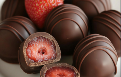 Imagem de vários bombons sobre um prato branco apoiado em um fundo de mandeira. No meio dos bombons, um morango vermelho de cabo verde. No centro, há um bombom cortado ao meio mostrando seu recheio de um morango também cortado.