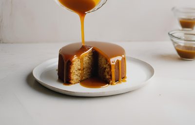 Fotografia em tons de branco com um prato branco ao centro. Em cima do prato existe uma receita de Bolo de Especiarias coberto com uma calda dourada feita com laranja Fotografia em tons de branco com um prato branco ao centro. Em cima do prato existe uma receita de Bolo de Especiarias coberto com uma calda dourada feita com laranja