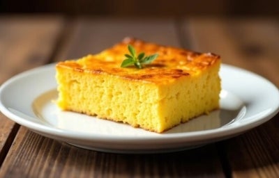 Fotografia de uma fatia de bolo de fubá com erva-doce, apresentada em um prato cerâmico branco. A crosta dourada e o interior amarelo vibrante sugerem uma textura fofa, decorada com ervas verdes frescas. Fotografia de uma fatia de bolo de fubá com erva-doce, apresentada em um prato cerâmico branco. A crosta dourada e o interior amarelo vibrante sugerem uma textura fofa, decorada com ervas verdes frescas.