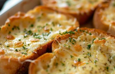 Fotografia de quatro fatias de torrada com queijo gratinada e salsinha, estão dentro de um refratário branco raso.