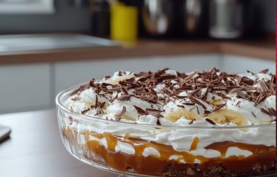 Em cima de uma mesa, refratário com biscoitos crocantes, doce de leite e chantilly, decorado com bananas em rodelas e raspas de chocolate. Em cima de uma mesa, refratário com biscoitos crocantes, doce de leite e chantilly, decorado com bananas em rodelas e raspas de chocolate.