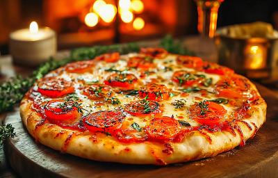 Fotografia em tons de vermelho e marrom com uma tábua de madeira ao centro. Em cima da tábua existe uma pizza com massa de pão sírio estilo margherita com tomate, queijo e manjericão
