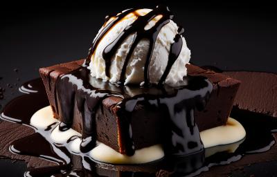 Fotografia de Sorvete NESTLÉ sobre uma fatia de bolo de chocolate cremoso e calda.