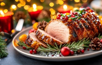 Fotografia com decorações e velas de natal. No centro tem um prato cinza raso com o tender com duas fatias cortadas e enfeites de natal. Fotografia com decorações e velas de natal. No centro tem um prato cinza raso com o tender com duas fatias cortadas e enfeites de natal.