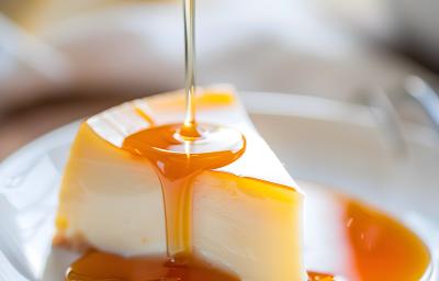 Imagem aproximada de uma fatia de Pudim em um prato branco com a calda de caramelo caindo sore a fatia. Imagem aproximada de uma fatia de Pudim em um prato branco com a calda de caramelo caindo sore a fatia.