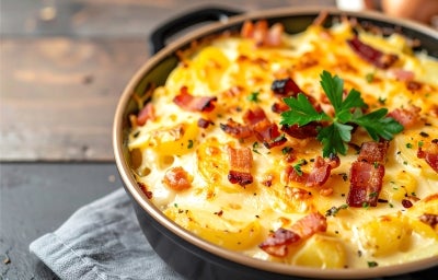 Em cima de uma mesa, refratário redondo com batata cremosa gratinada com queijo e bacon.