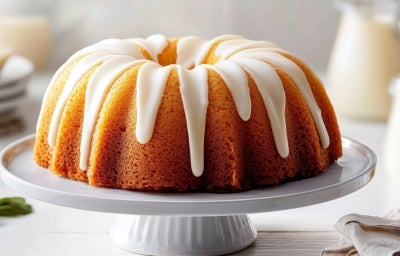Fotografia de um bolo bundt em um suporte branco. O bolo, com textura úmida e dourada, é coberto por uma cobertura branca espesso que escorre elegantemente.