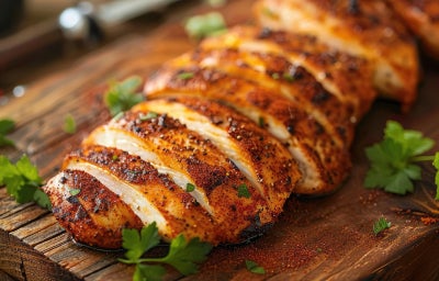 Fotografia em tons de marrom em uma bancada de madeira com vários filés de frango cortados em tiras pequenas e limão ao redor.
