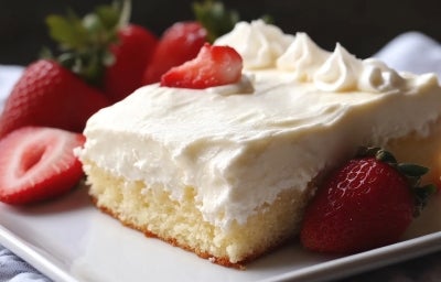 Em cima de uma mesa, prato branco com pedaço de bolo com massa branca, creme branco e morangos cortados ao meio. Em cima de uma mesa, prato branco com pedaço de bolo com massa branca, creme branco e morangos cortados ao meio.