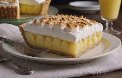 Fotografia de uma fatia grande de uma torta de abacaxi com o chantilly maçaricado por cima. A fatia está sobre um prato branco e raso de vidro.