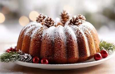 Fotografia de um bolo bundt de Natal em um prato branco. O bolo é coberto com açúcar de confeiteiro e decorado com pinhas, cercado por ramos de pinheiro e enfeites vermelhos. Fotografia de um bolo bundt de Natal em um prato branco. O bolo é coberto com açúcar de confeiteiro e decorado com pinhas, cercado por ramos de pinheiro e enfeites vermelhos.