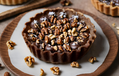 Fotografia em tons de maeeom com uma torta Chocolate com Nozes e Caramelo Salgado ao centro. A base da torta é feita com biscoito de chocolate, recheada com um creme de chocolate e caramelo salgado e, por cima, pedaços de nozes. Fotografia em tons de maeeom com uma torta Chocolate com Nozes e Caramelo Salgado ao centro. A base da torta é feita com biscoito de chocolate, recheada com um creme de chocolate e caramelo salgado e, por cima, pedaços de nozes.