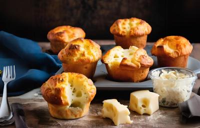 Fotografia em tons de azul e cinza com vários pães de queijo feitos dentro de forminhas de cupcakes.