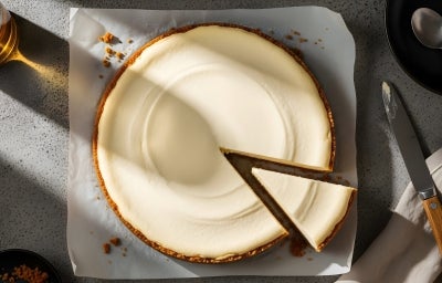 Fotografia vista de cima de uma torta de creme de leite condensado, tipo cheesecake, com uma fatia afastada do restante da torta. Fotografia vista de cima de uma torta de creme de leite condensado, tipo cheesecake, com uma fatia afastada do restante da torta.