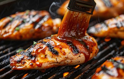 Fotografia de um peito de frango feito na churrasqueira com molho barbecue