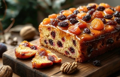 Fotografia de um bolo de frutas natalino, com uma crosta dourada e brilhante, coberto por uma cobertura úmida e caramelizada. O interior denso revela frutas secas, como uvas-passas e damascos, em um ambiente festivo com nozes ao redor.