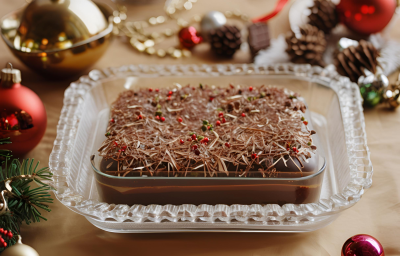 Foto da receita de doce abraço de natal, um pavê decorado com raspas de chocolate, lindíssimo e servido sobre uma mesa decorada com itens de natal Foto da receita de doce abraço de natal, um pavê decorado com raspas de chocolate, lindíssimo e servido sobre uma mesa decorada com itens de natal