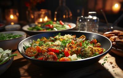 Fotografai de uma frigideira funda preta com Cenoura, batata, abobrinha, vagem e tomate refogados com MAGGI Caldo Legumes, ao fundo tem mais recipientes com mais legumes, e todos estão sobre uma mesa de madeira.