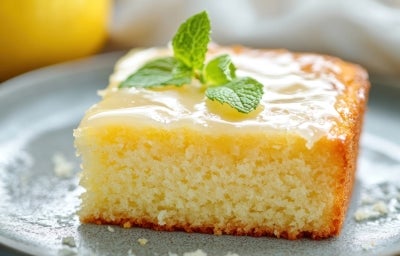 Fotografia de uma fatia de bolo de limão em um prato cinza. O bolo é úmido, com cobertura brilhante de glacê de limão e decorado com folhas de hortelã. Fotografia de uma fatia de bolo de limão em um prato cinza. O bolo é úmido, com cobertura brilhante de glacê de limão e decorado com folhas de hortelã.