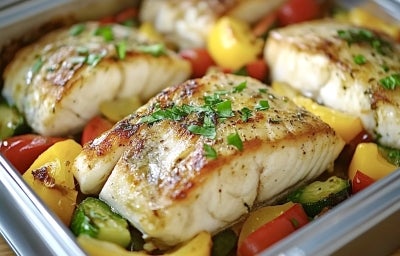 Refratário com pedaços de bacalhau e pimentões e tomates picados.