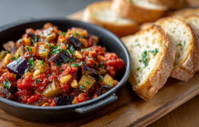 Fotografia mostra uma caponata natalina colorida servida em um prato de ferro, com cubos de berinjela dourada, pimentão e fatias de pão.