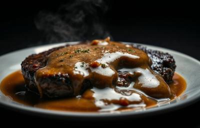 Fotografia de um filé sobre um prato de vidro branco raso com molho madeira sobre a carne. Fotografia de um filé sobre um prato de vidro branco raso com molho madeira sobre a carne.